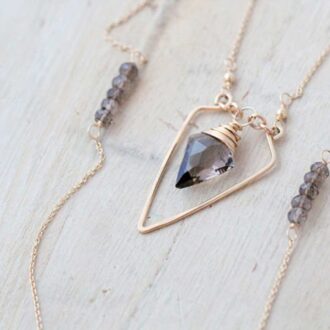 Smoky Quartz Spearhead Necklace with gold filled chain and crystal pendant