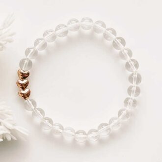 Clear Quartz Bracelet with Rose Gold Hematite Hearts on Stretch Band