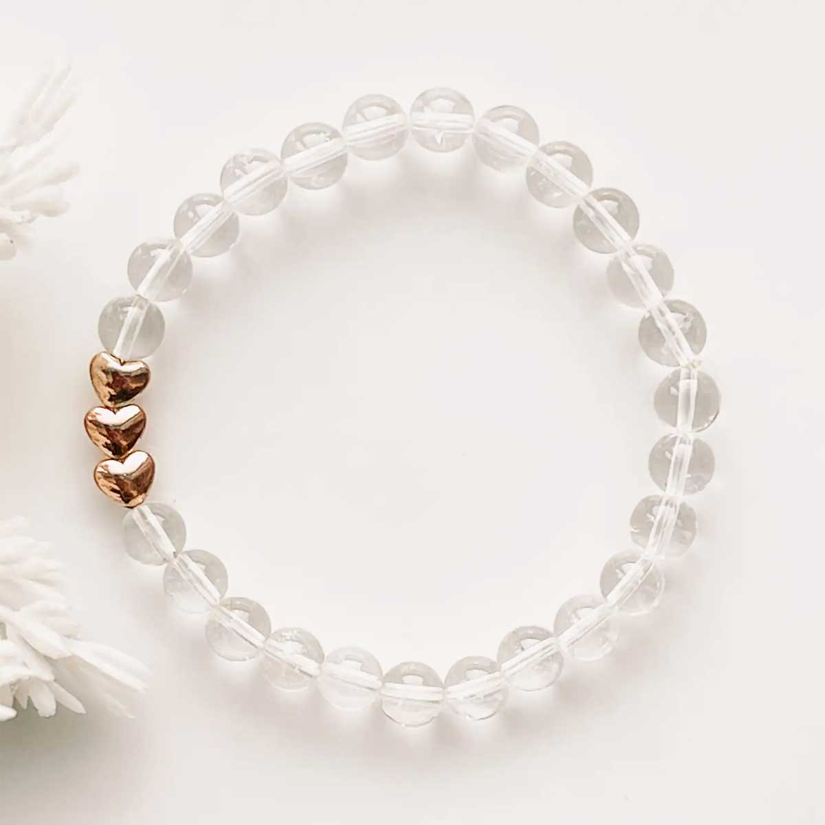Clear Quartz Bracelet with Rose Gold Hematite Hearts on Stretch Band
