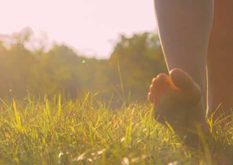 Barefoot grounding on dewy grass at sunrise for calm and balance