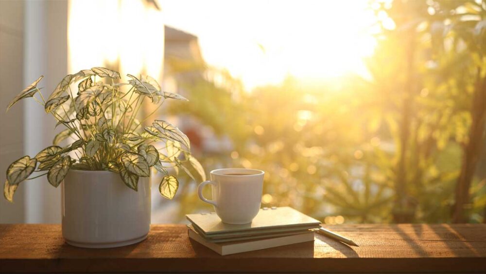 morning coffee and journal beside a plant in sunlight