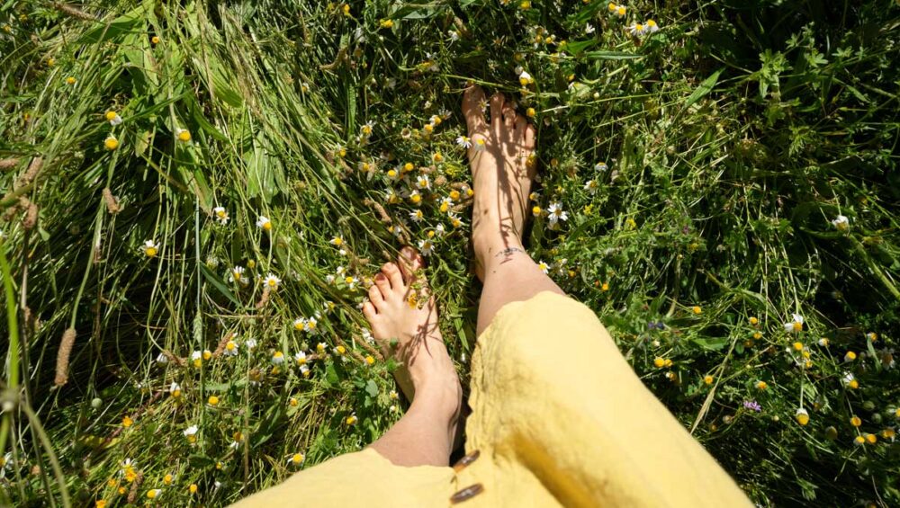 bare feet in grass and wildflowers symbolizing grounding with earth