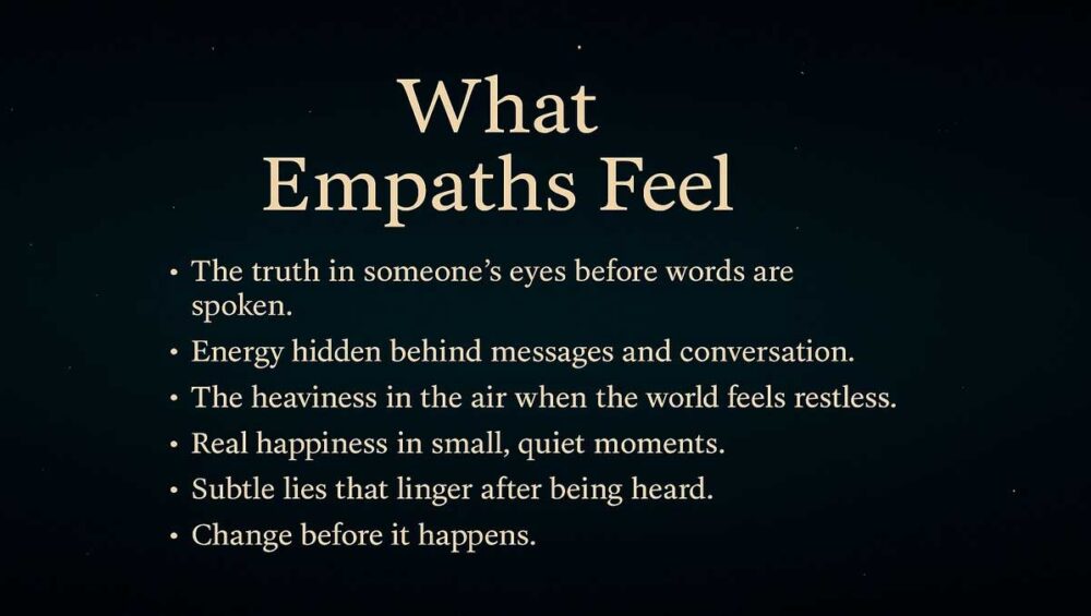 Text graphic showing the title “What Empaths Feel” with a list describing the emotional experiences of empaths on a dark, starry background.
