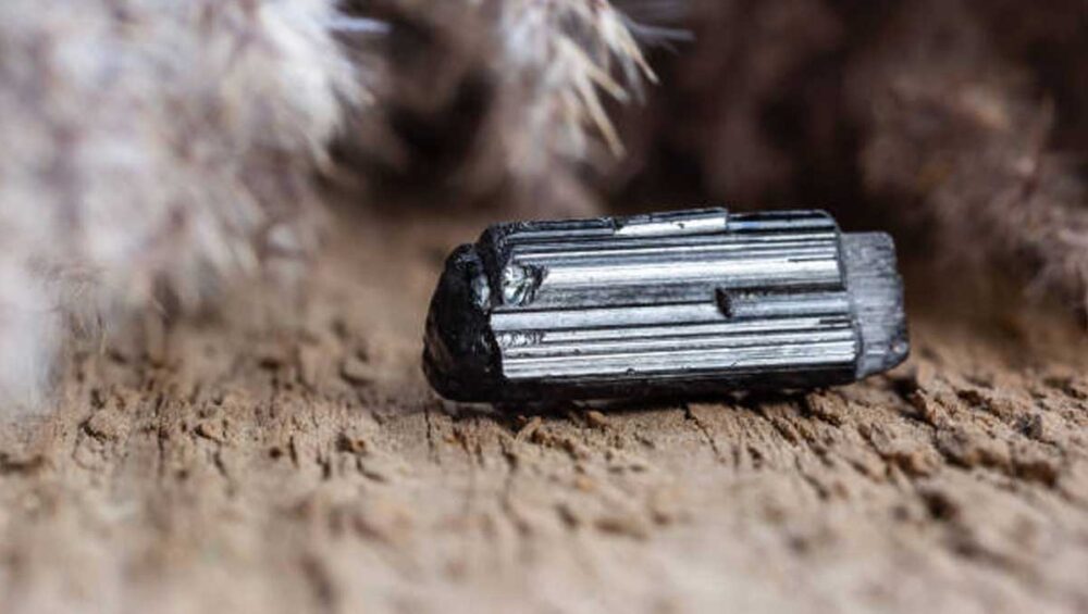 raw black tourmaline crystal on natural wooden surface