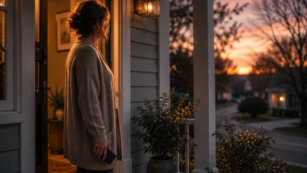 A woman stands on her front porch at dusk holding a phone after a conversation, looking out quietly as warm light shines from inside her home.