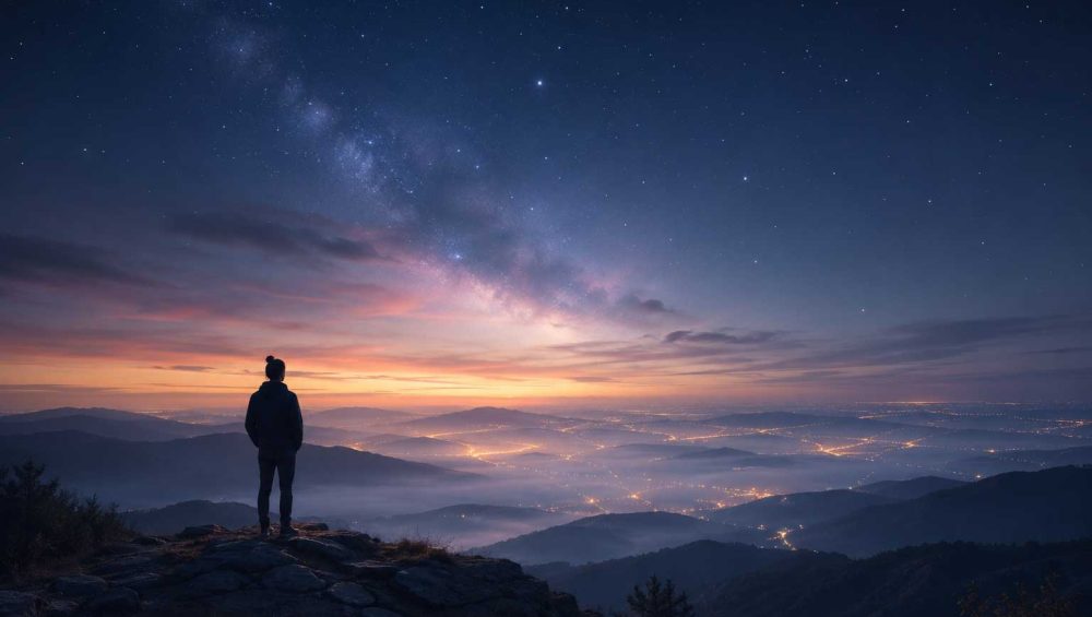 A person stands on a rocky overlook at twilight, gazing across a misty mountain landscape beneath a star-filled sky.