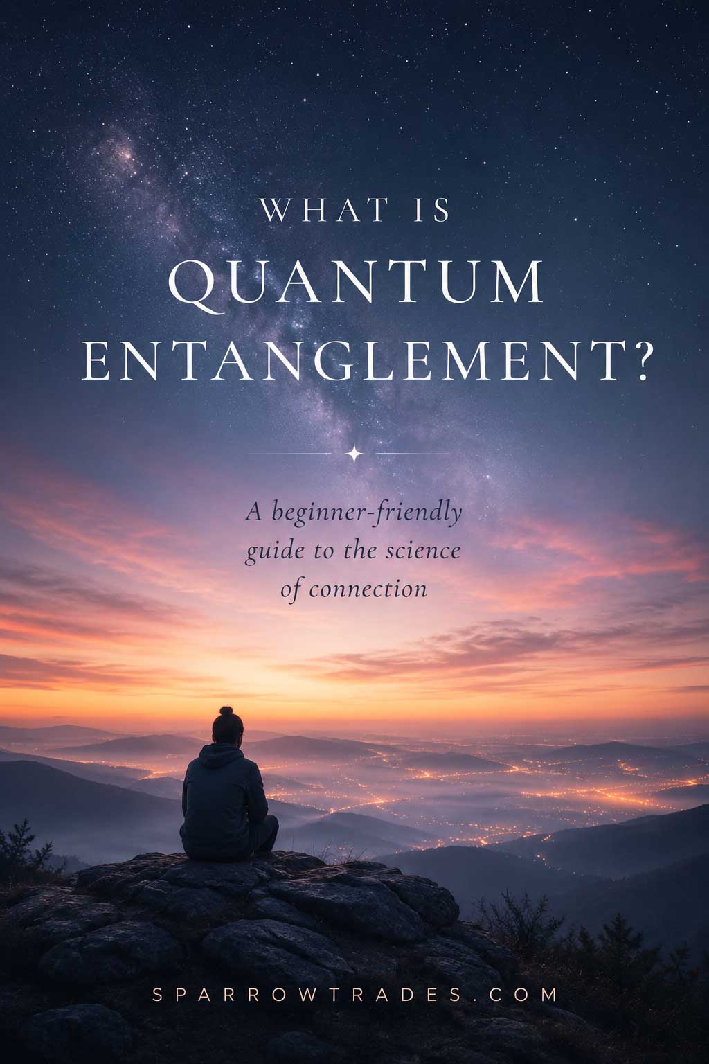 Pinterest image showing a person seated on a rocky overlook beneath a star-filled twilight sky with the text “What Is Quantum Entanglement? A Beginner-Friendly Guide to the Science of Connection.”