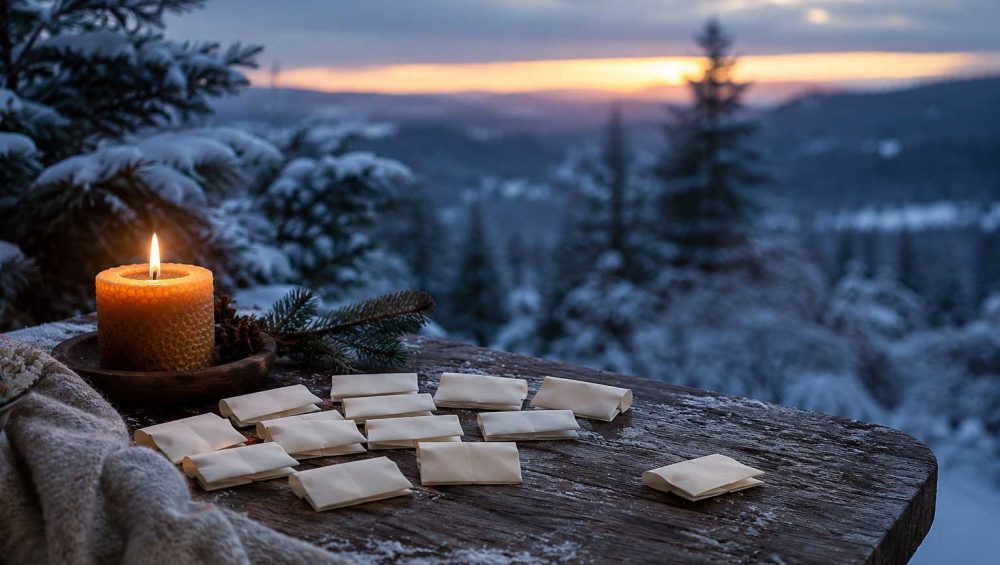 A lit candle and thirteen folded papers resting on a snow-dusted wooden table overlooking a quiet winter landscape at dawn.