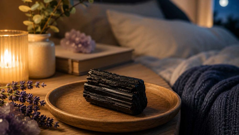 Black tourmaline crystal resting on a wooden bedside tray beside a neatly made bed in soft evening light.