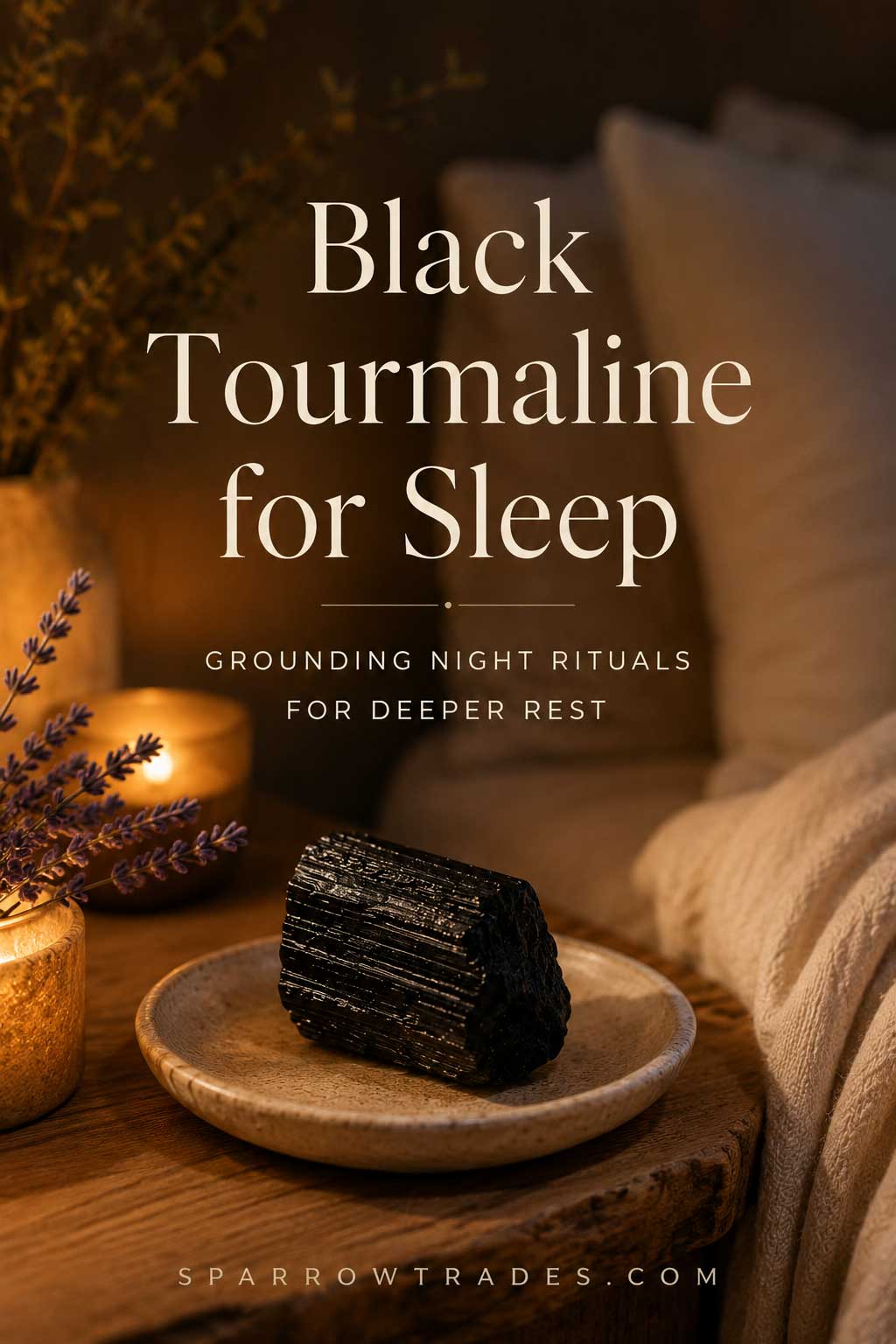 Black tourmaline crystal resting on a ceramic dish beside a softly lit bed with warm evening lighting and minimal text about sleep and grounding.