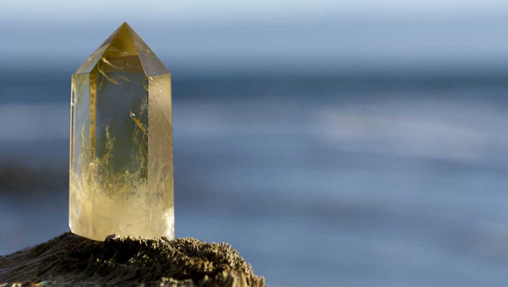 Transparent citrine crystal point on a piece of driftwood with the ocean blurred in the background