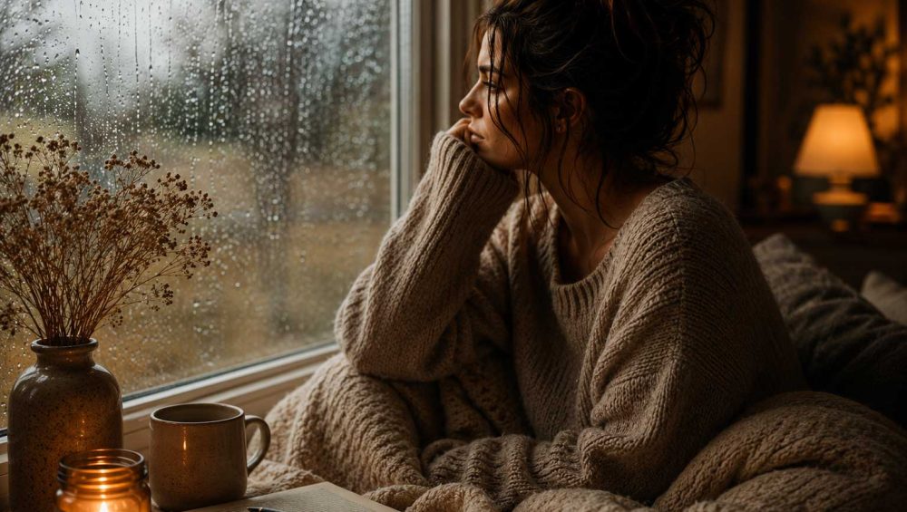 A reflective woman wrapped in a knit blanket sits beside a rainy window with candlelight, tea, and a journal in a warm, cozy room.