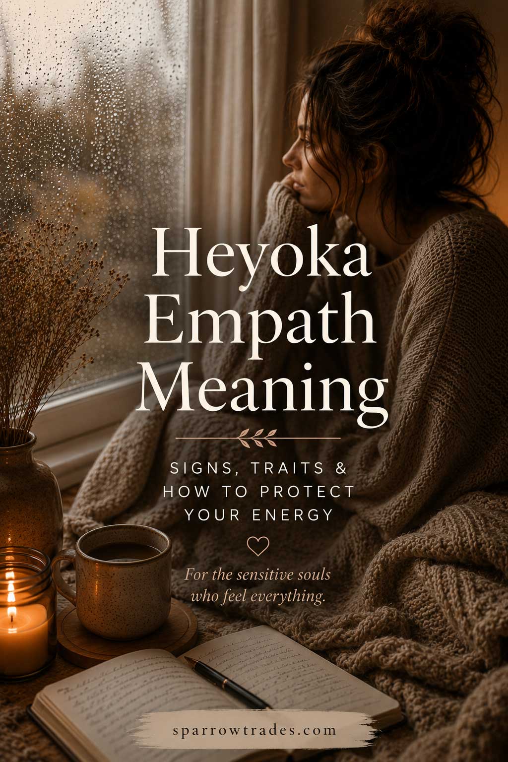 A cozy Pinterest-style image of a woman sitting beside a rainy window with warm candlelight, a journal, and text reading “Heyoka Empath Meaning: Signs, Traits & How to Protect Your Energy.”