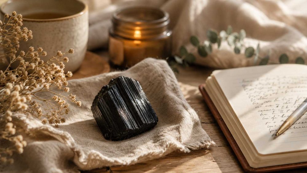 Black tourmaline crystal resting on linen beside a journal, candle, tea cup, and dried flowers in a softly lit wellness setting.
