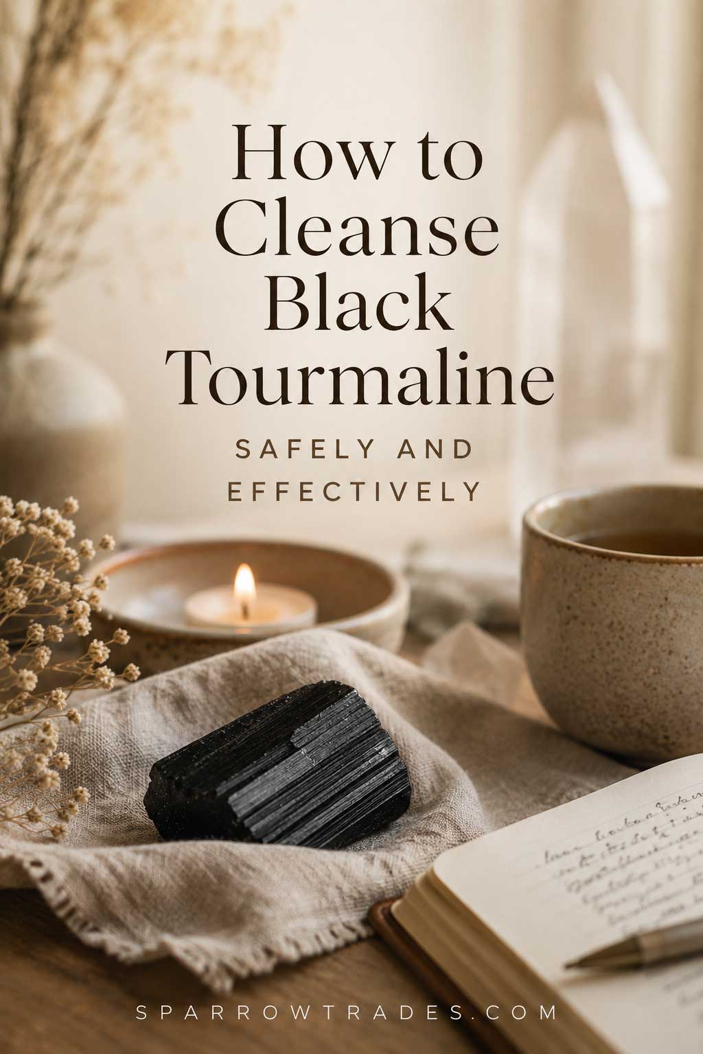 Black tourmaline crystal resting on linen beside a candle, tea cup, dried flowers, and an open journal in a softly lit setting.