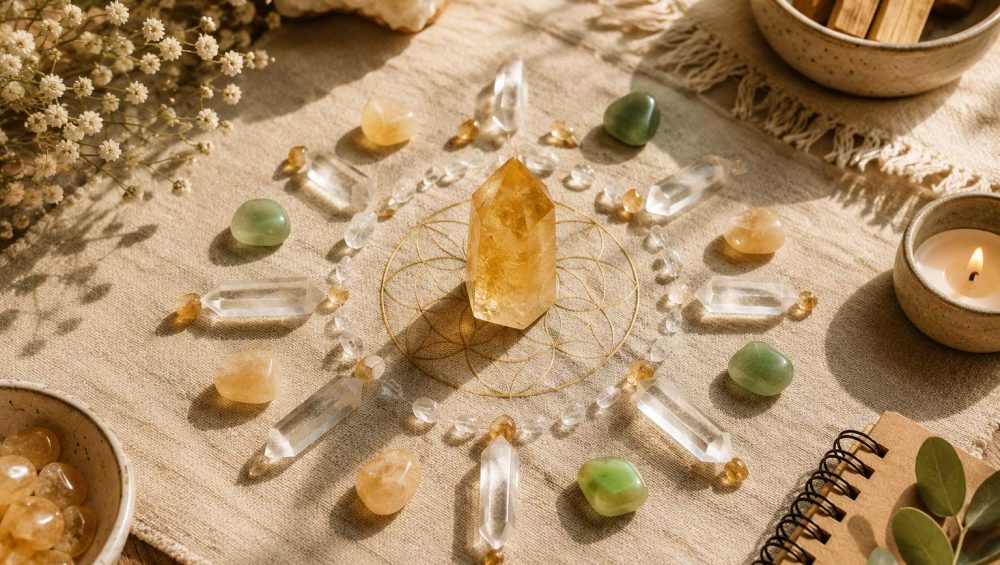 A crystal grid for abundance featuring a citrine point surrounded by clear quartz crystals arranged on a linen cloth in warm natural light.