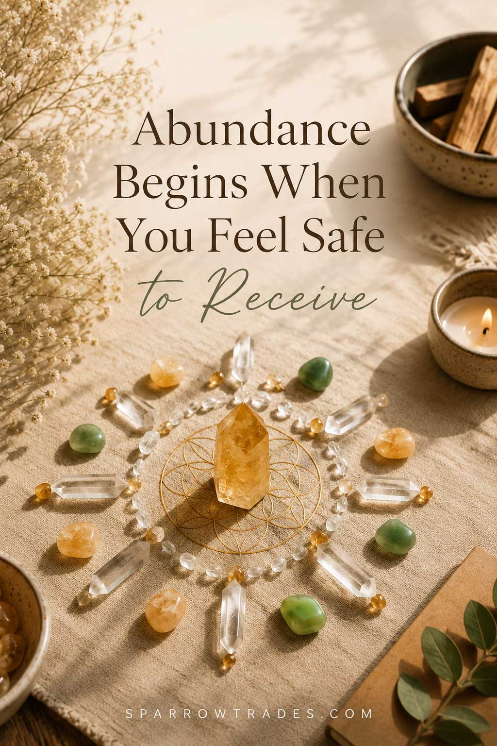 A crystal grid for abundance with a citrine centerpiece, clear quartz crystals, and soft editorial text in warm natural light.