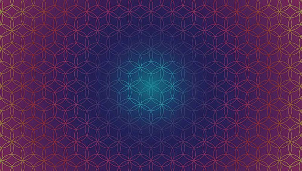 Flower of life crystal grid pattern with a purple, blue, and gold gradient background
