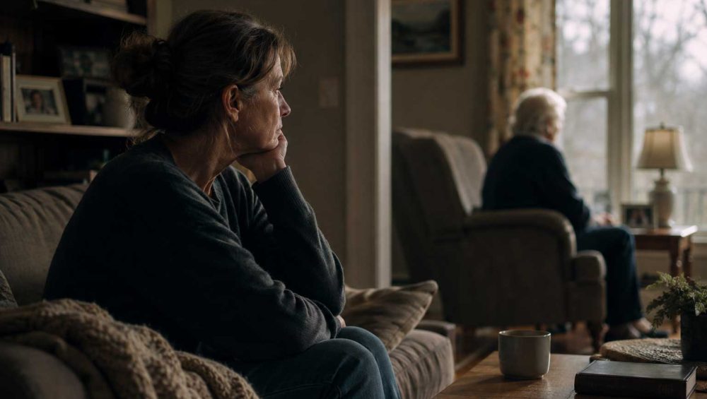 A middle-aged woman sits quietly on a sofa while an older adult looks out a nearby window in a softly lit living room.