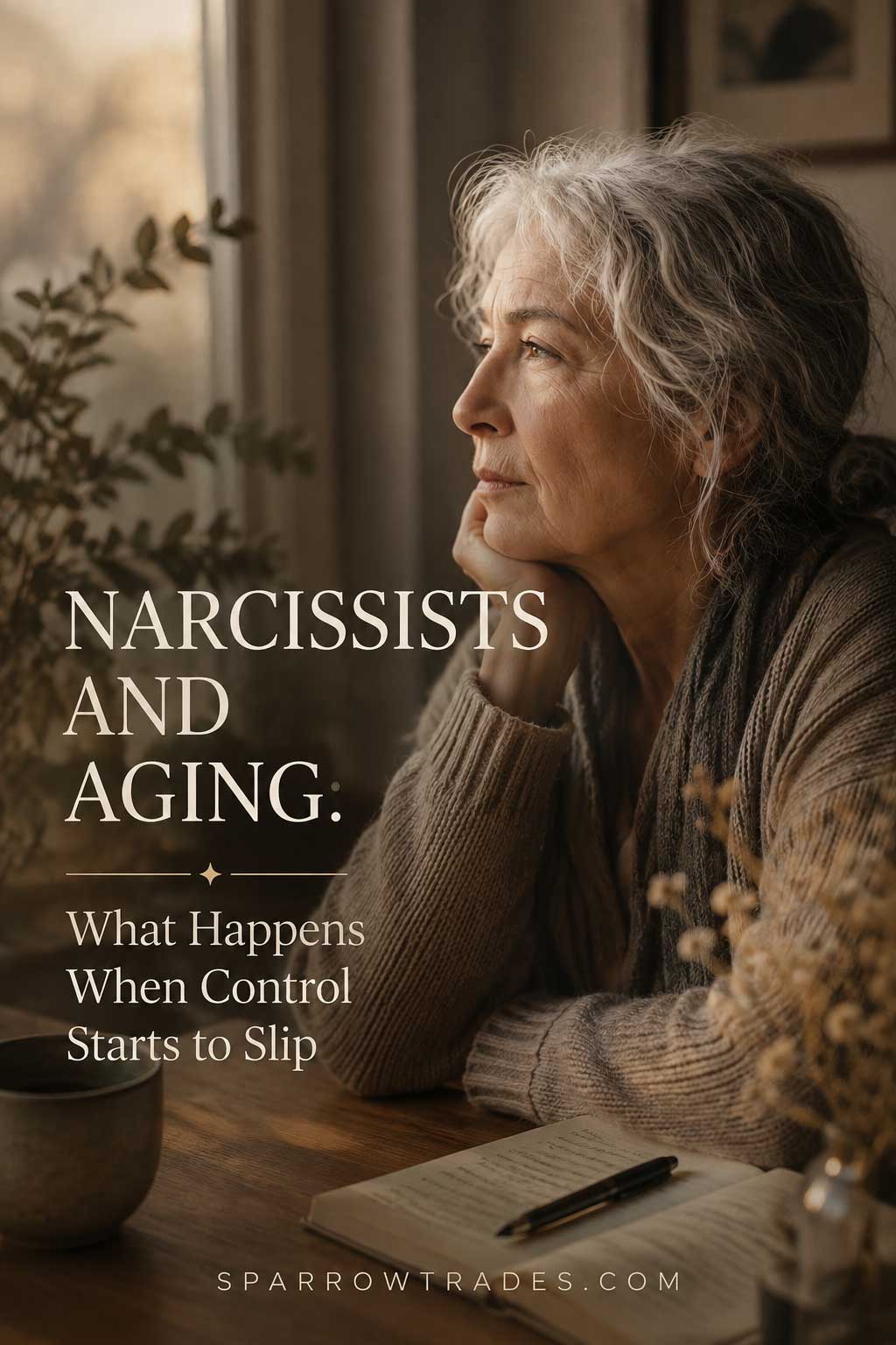 An older woman sits quietly by a window, looking out with a thoughtful expression in warm natural light.