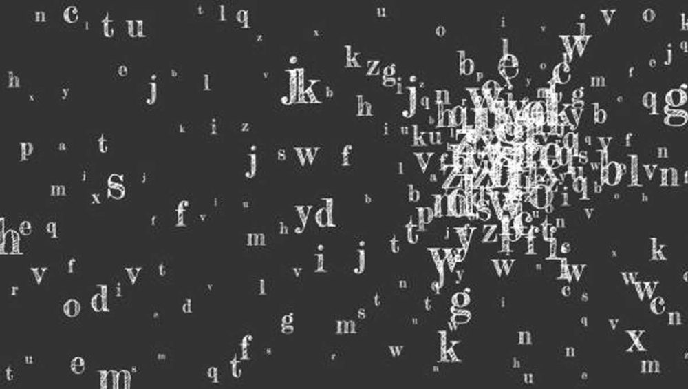 Abstract black and white letters scattered and overlapping, creating a sense of confusion and distortion.