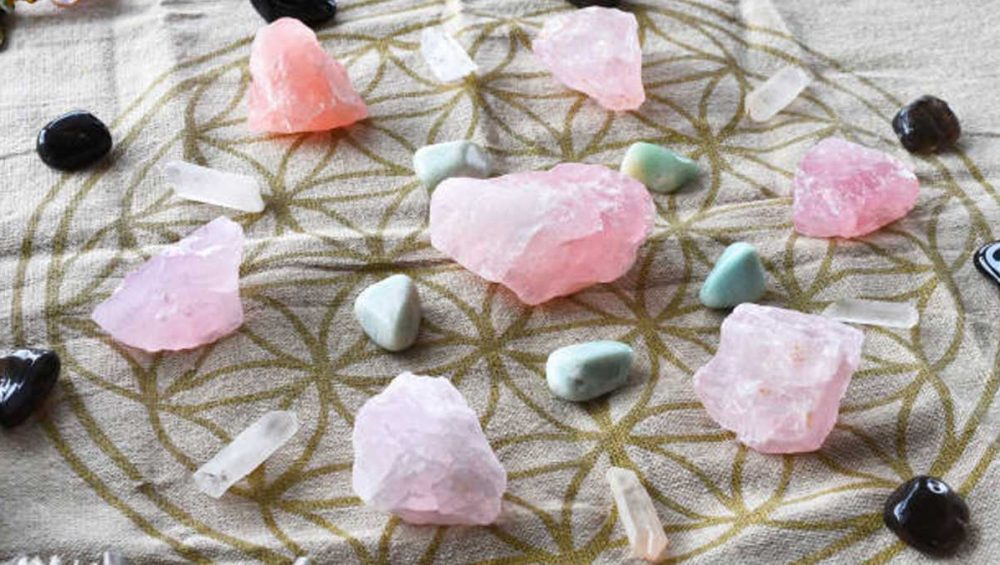 STEP 3: WORDPRESS IMAGE META DATA Provide metadata in this order: Article SEO-friendly URL Alt text (descriptive, emotionally neutral, accessible) (sentence case) Title (title case) Caption (gentle, reflective, non-instructional) (sentence case) rose quartz and clear quartz crystal grid arranged on a flower of life cloth