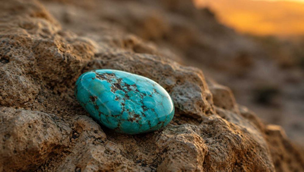 Natural turquoise stone with dark matrix resting on weathered desert rock