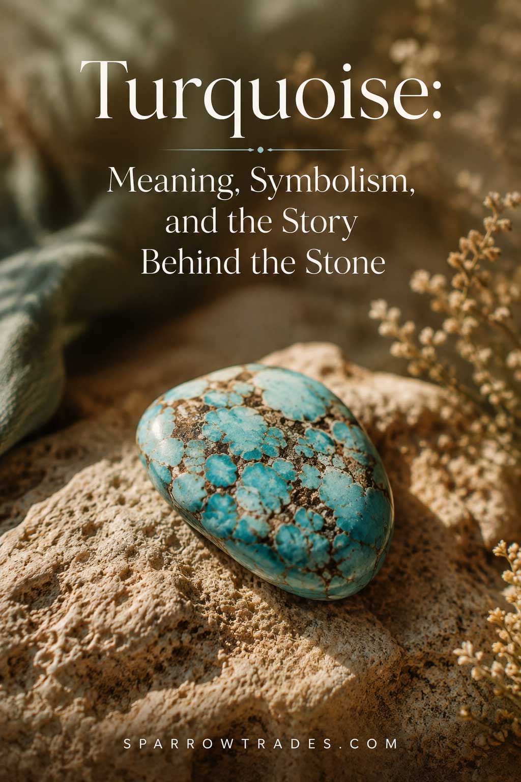 Natural turquoise stone with dark matrix resting on textured rock in warm light.
