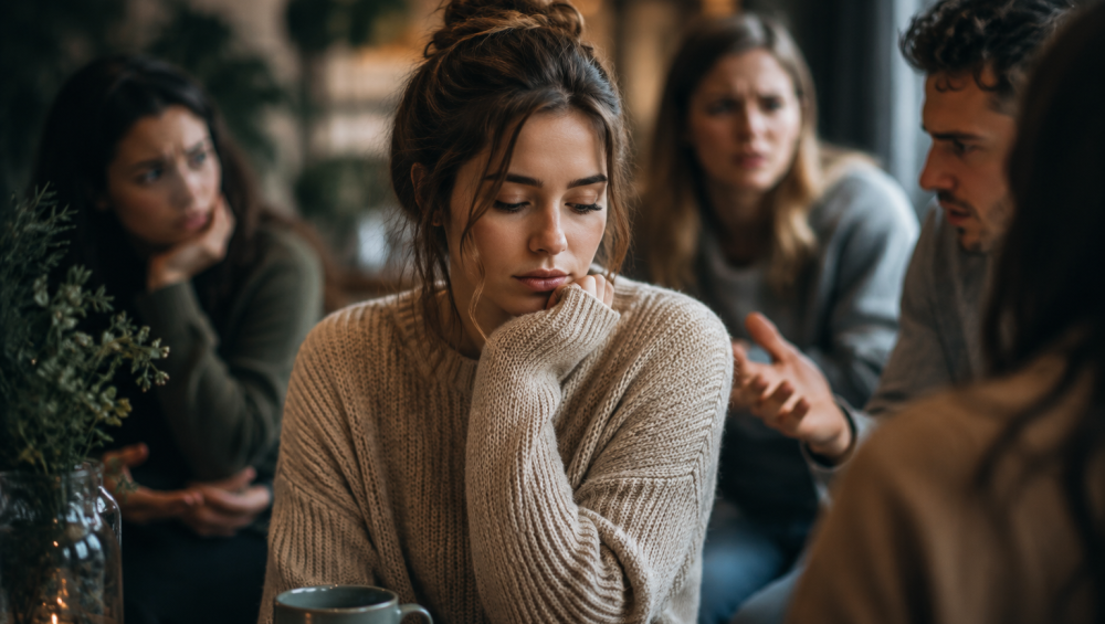 An emotionally sensitive person sitting quietly while others around them react with visible tension during a social interaction.