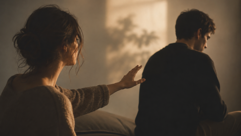 A woman reaching toward an emotionally distant partner sitting beside her in a dimly lit room.