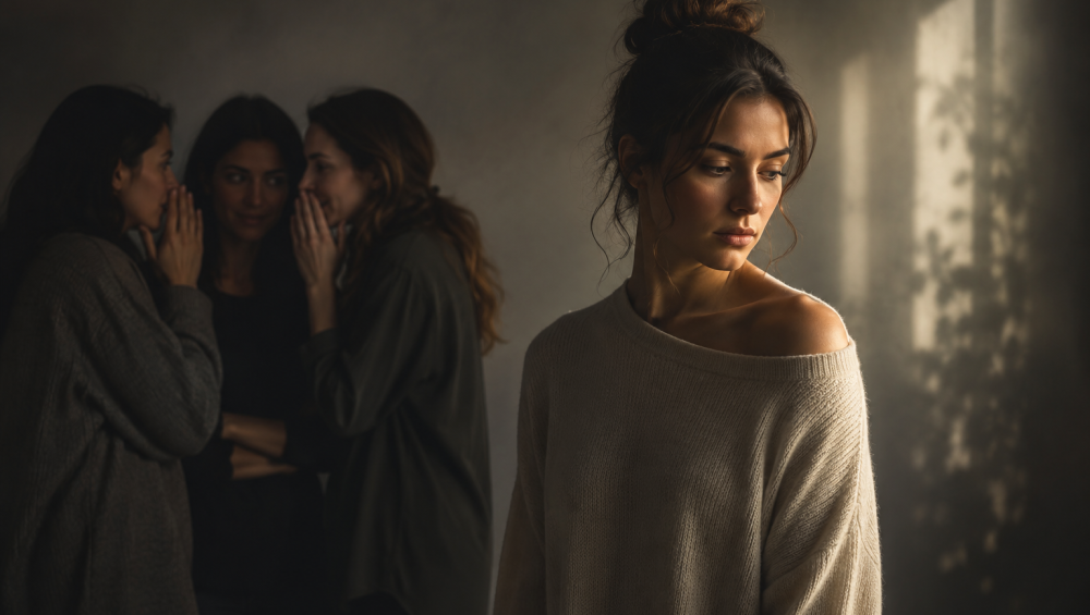 A woman stands alone while several people whisper together in the background, symbolizing emotional manipulation and social isolation.