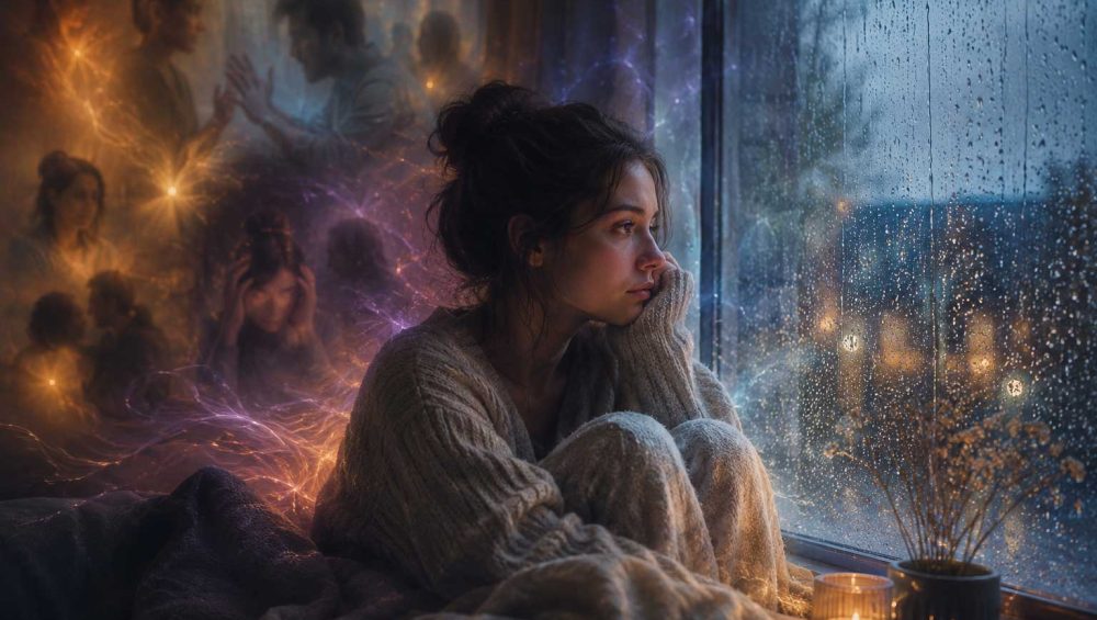 A sensitive woman sitting by a rainy window appearing emotionally overwhelmed and deep in thought.