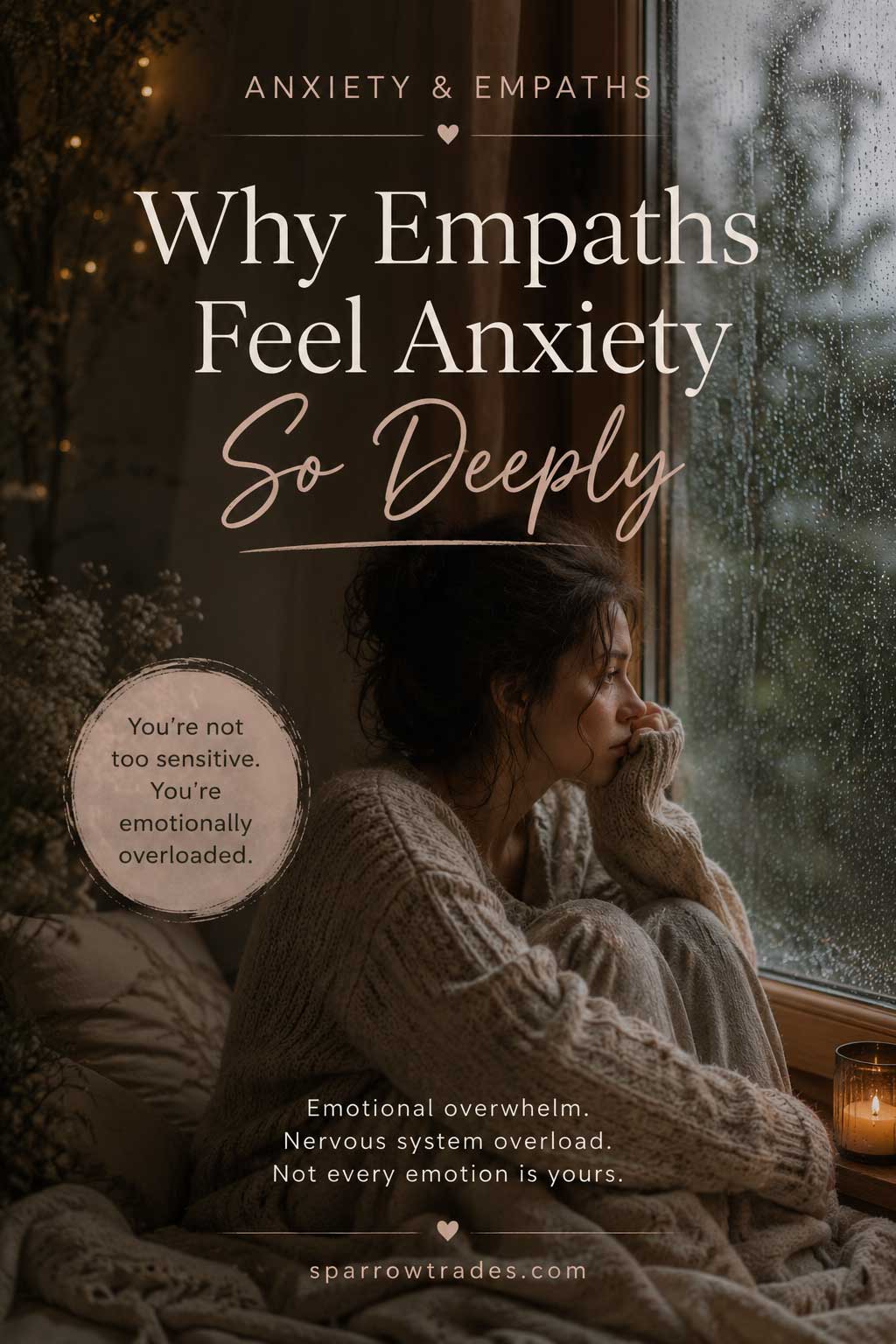 A woman sitting by a rainy window reflecting quietly while text discusses anxiety and emotional overwhelm in empaths.