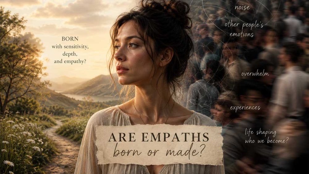 A thoughtful woman standing between a peaceful natural landscape and a crowded city scene, symbolizing emotional sensitivity and self-awareness.