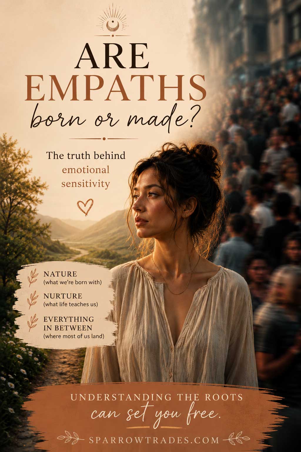 Pinterest-style graphic showing a thoughtful woman between a peaceful nature scene and a crowded city background with text about whether empaths are born or shaped by life experiences.