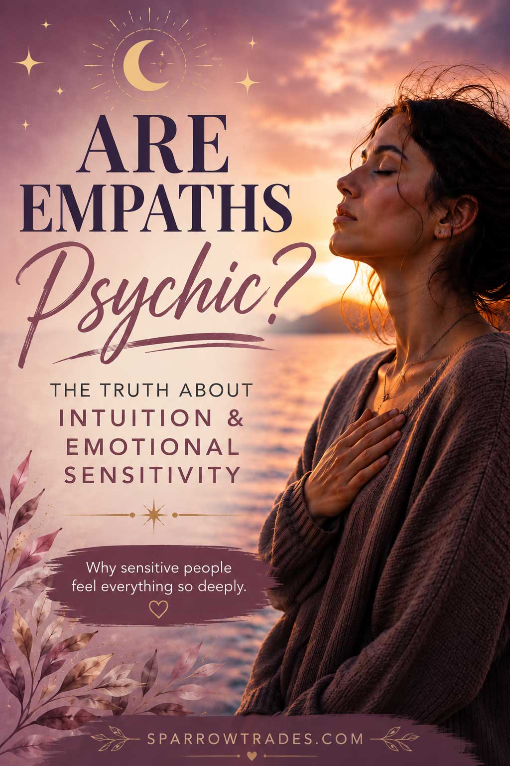 Pinterest-style graphic of a woman standing near the ocean at sunset with text discussing whether empaths are psychic and emotionally intuitive.