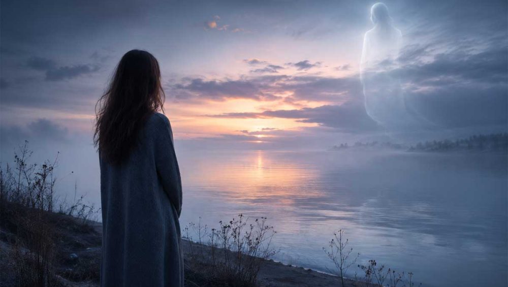 An empathetic woman standing beside a foggy shoreline at dusk with a faint spiritual figure appearing in the sky.