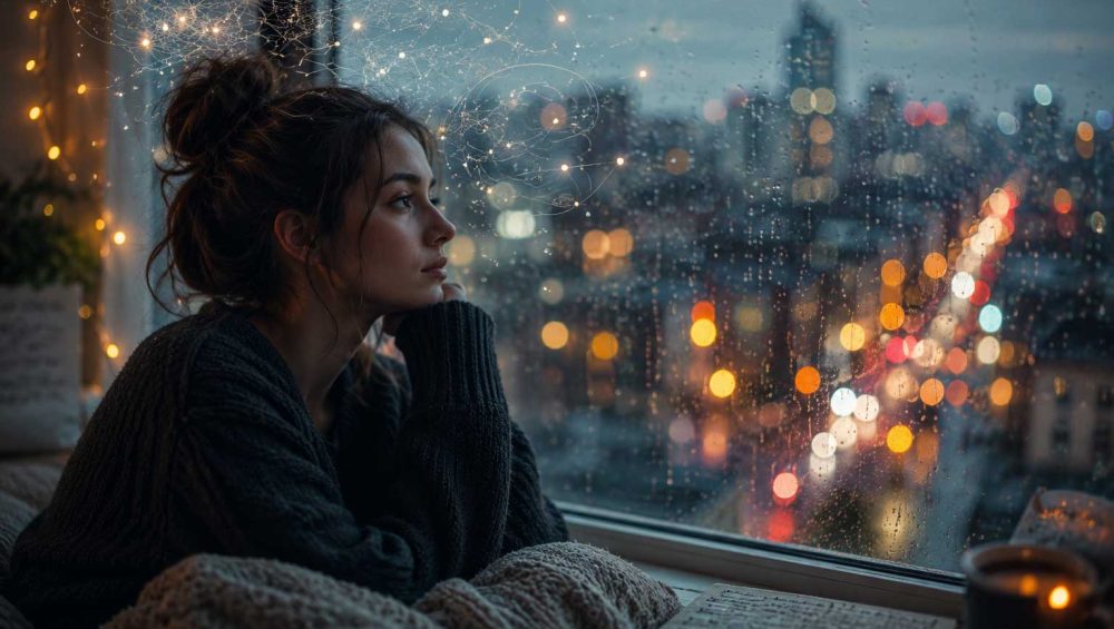 Person sitting by a rainy window reflecting quietly while city lights blur in the background.
