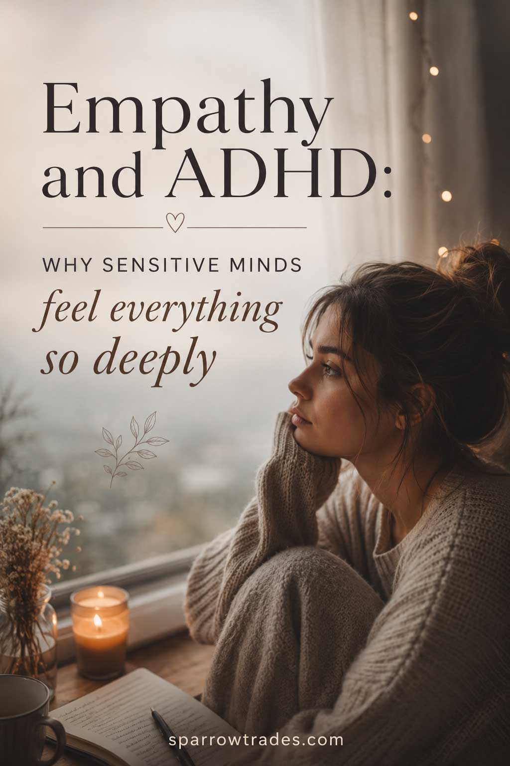 Pinterest-style image of a woman sitting quietly by a window with text about empathy and ADHD.