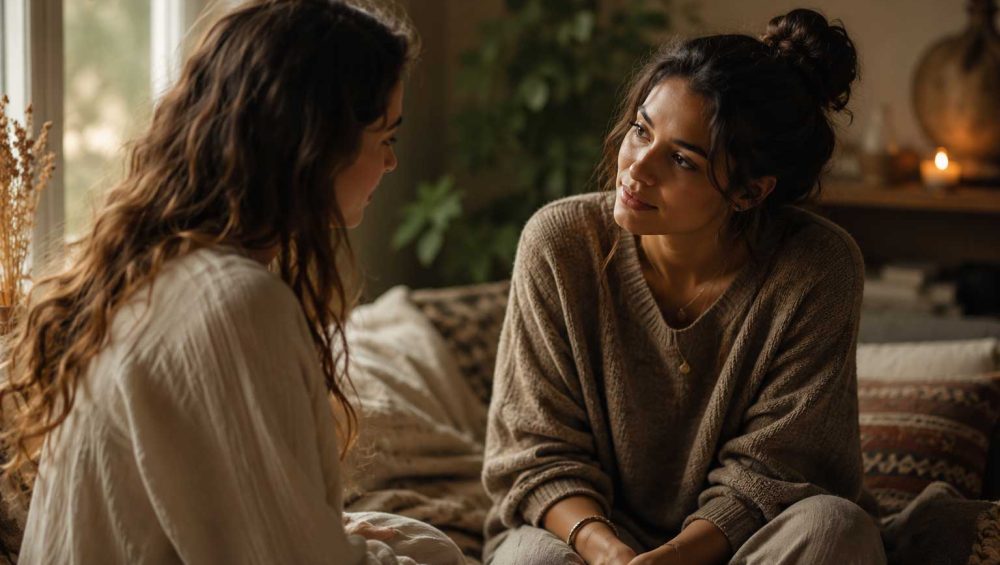 Two women sharing a quiet, emotionally attentive conversation in a softly lit room.