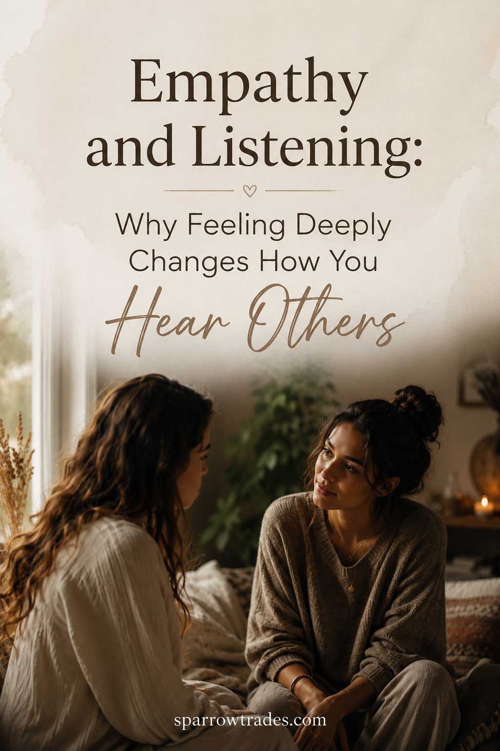 Pinterest-style graphic showing two women in a calm conversation with text about empathy and listening.