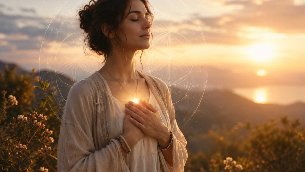 Woman standing peacefully at sunset with hands over her heart, representing empathy and spirituality