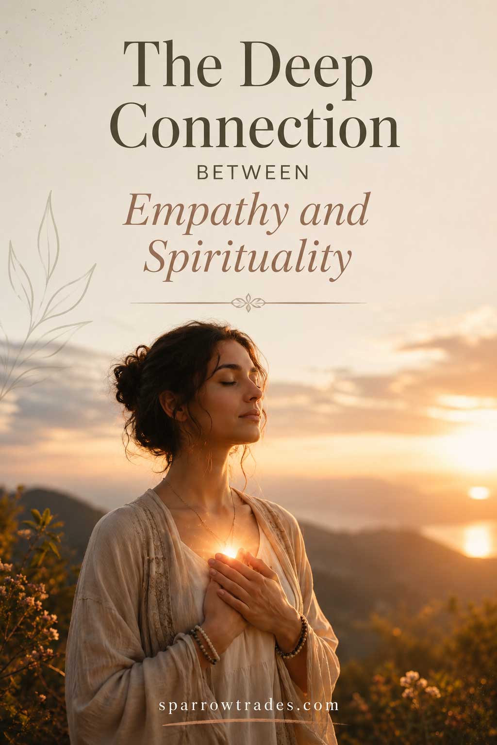 Pinterest-style image of a woman standing peacefully at sunset with text about empathy and spirituality
