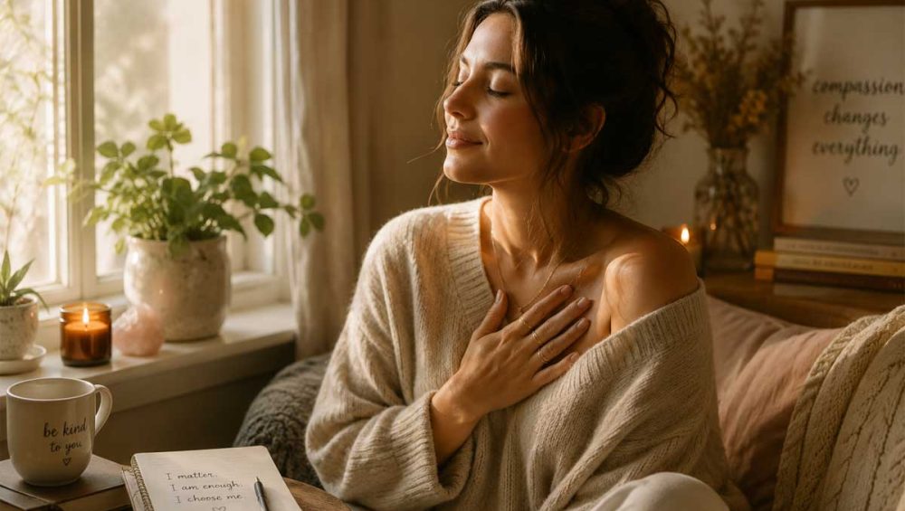 Woman sitting peacefully by a window with her hand over her heart in a cozy softly lit room.