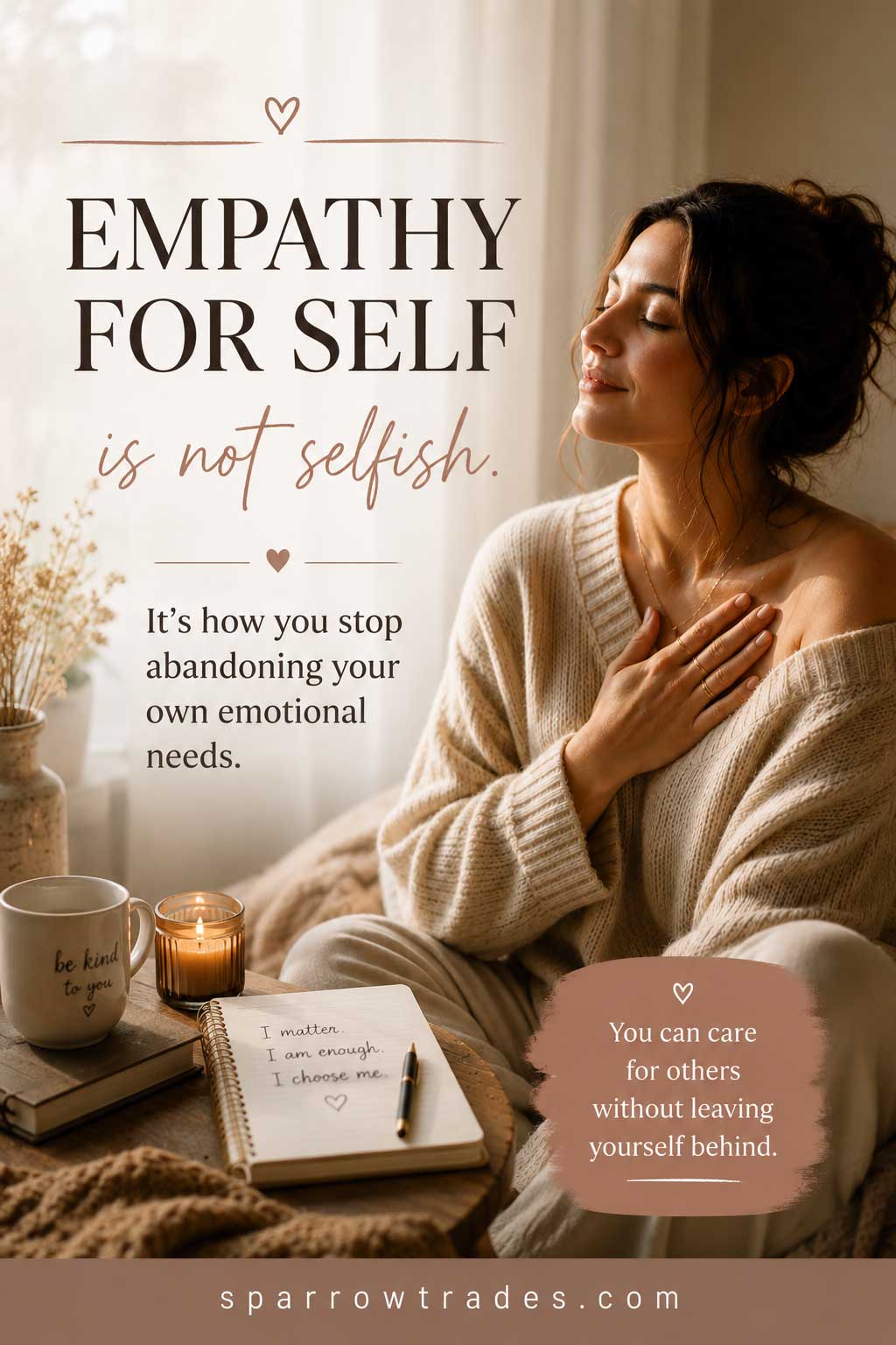 Pinterest-style graphic featuring a woman with her hand over her heart beside text about empathy for self and emotional healing.