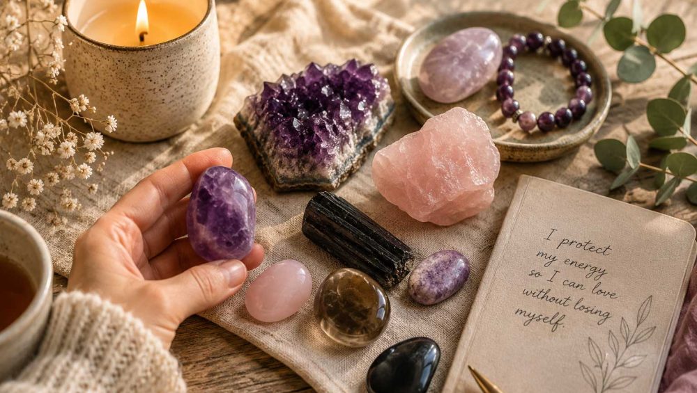 A calming arrangement of gemstones for empaths including amethyst, rose quartz, black tourmaline, and smoky quartz beside candlelight and a reflective journal.