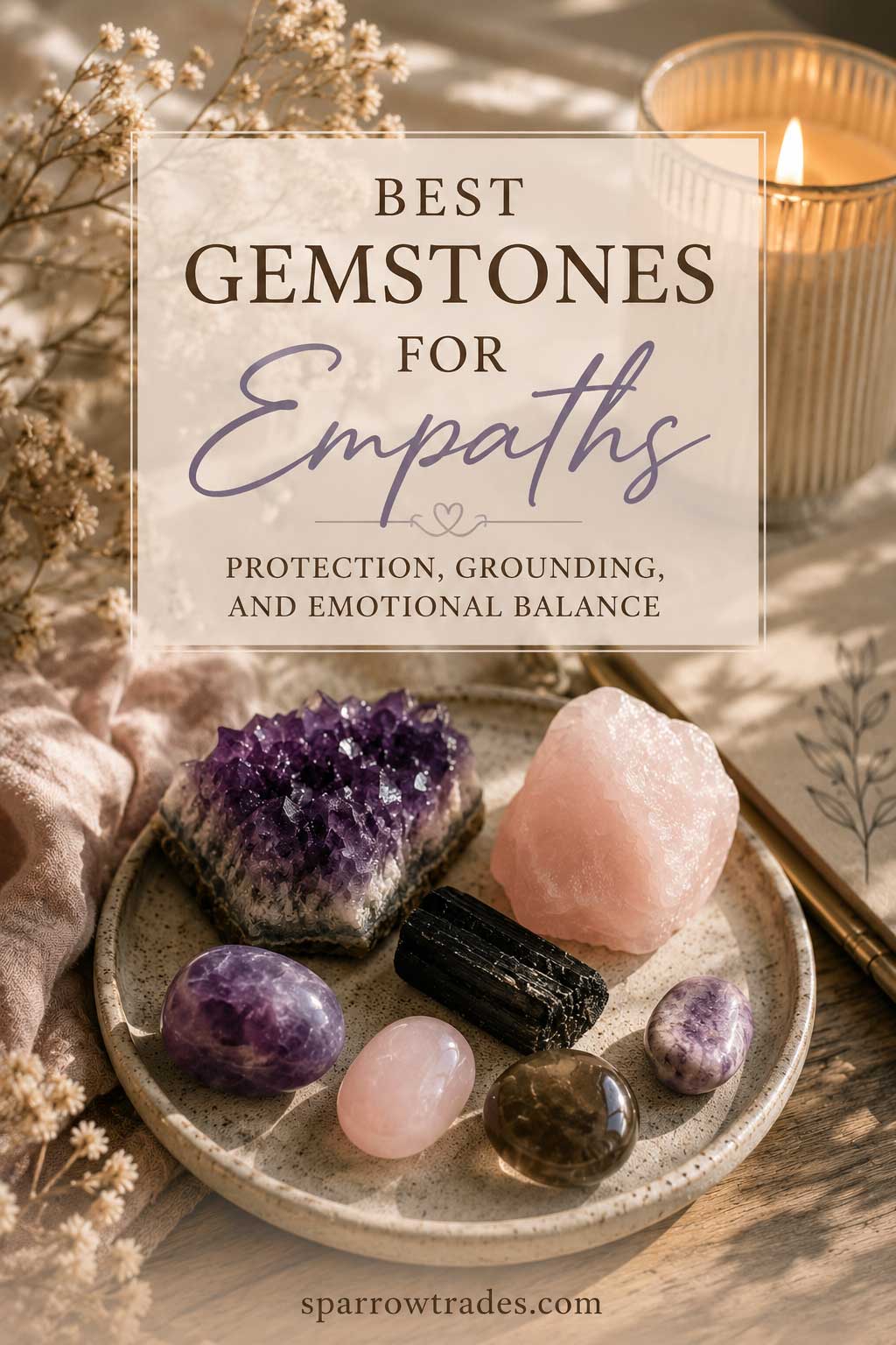 Pinterest-style image featuring calming gemstones for empaths with soft candlelight and text about protection, grounding, and emotional balance.