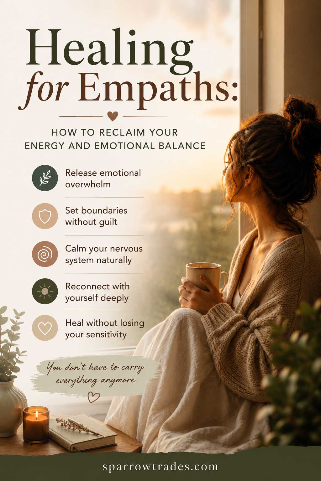 Woman sitting by a window holding a mug beside calming text about healing for empaths and emotional balance