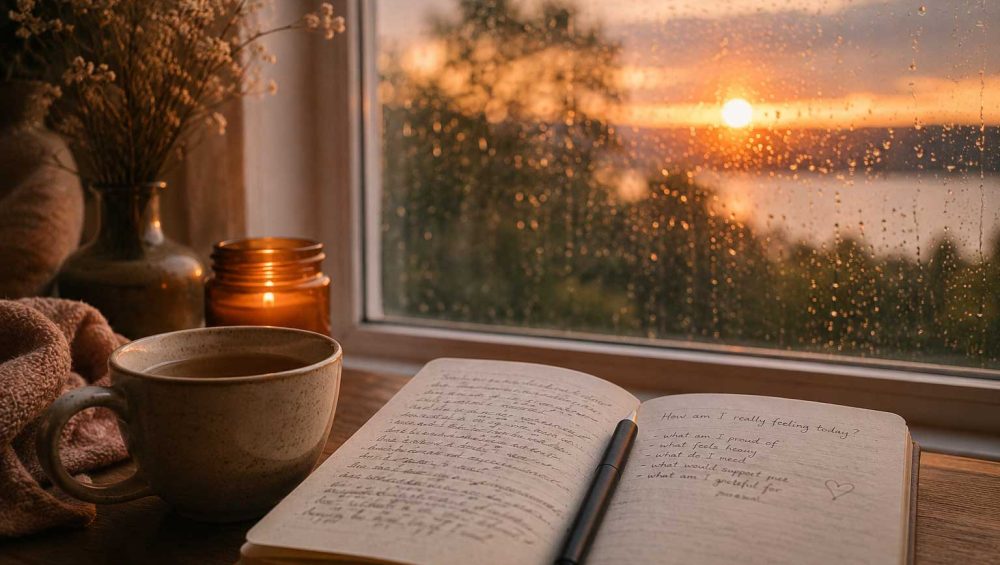 Open journal beside a cup of tea and candle near a rainy window at sunset