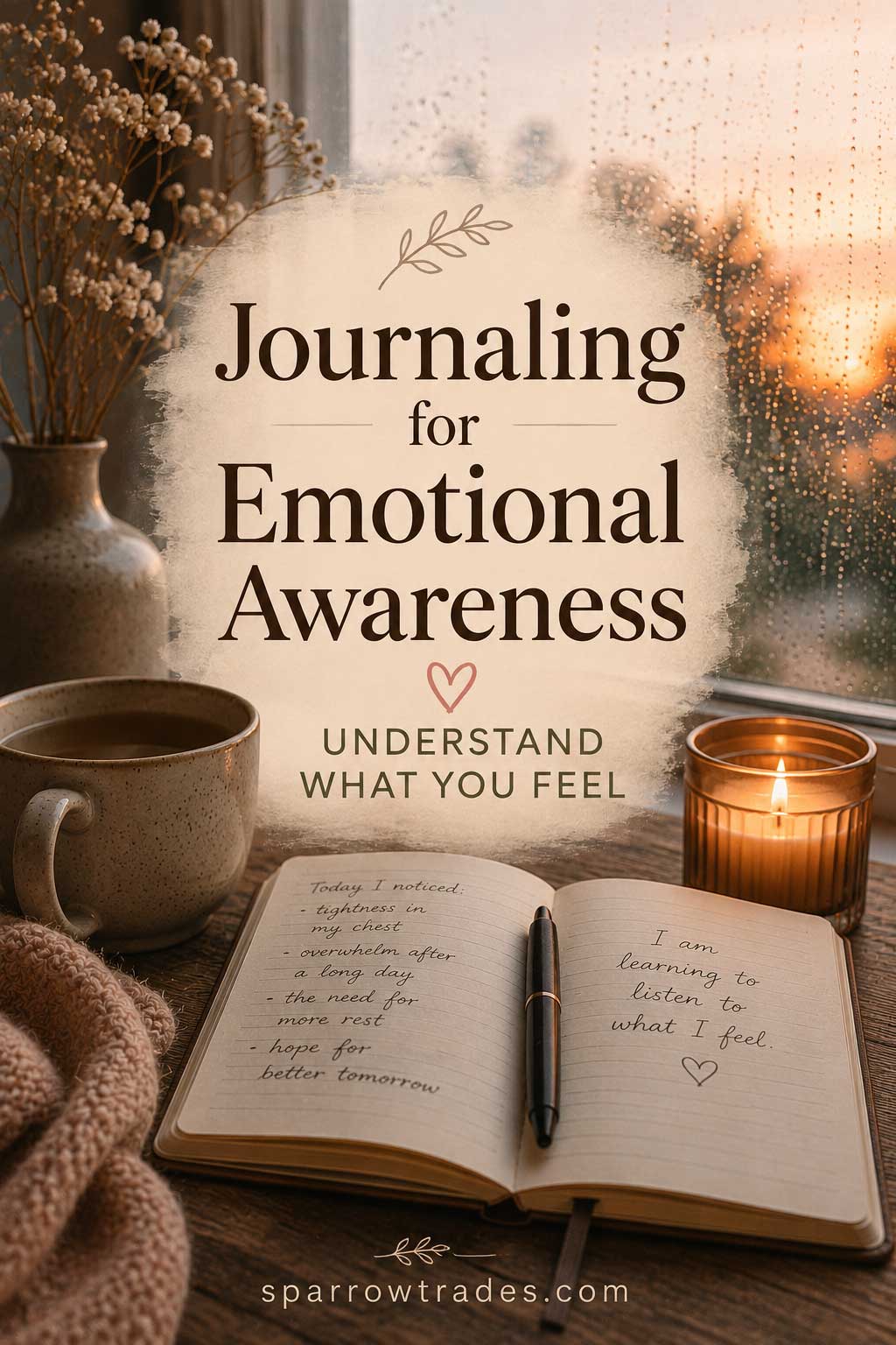 Open journal beside a candle and tea near a rain-covered window with emotional awareness text overlay